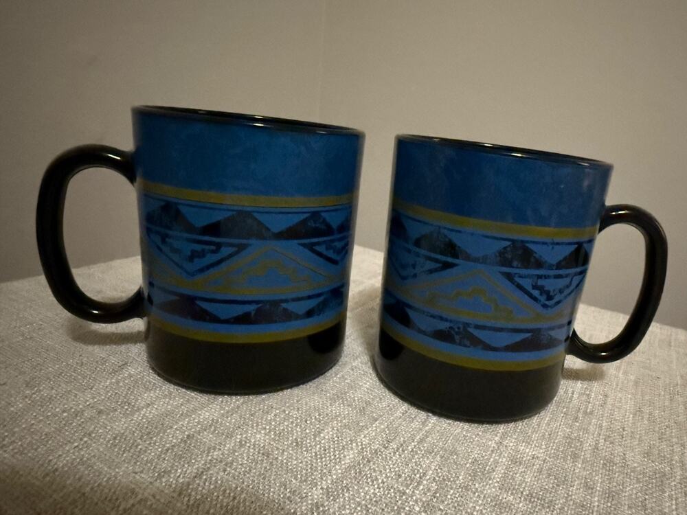 Yucatan by ARCOROC Set of 2 Blue Geometric Mugs France Tribal Ceramic Cups